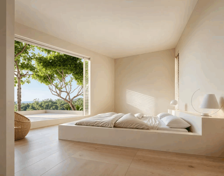 La millor orientació d´una casa al Maresme. Dormitori de la casa Escaletes, a Sant Pol de Mar, amb llit doble i terres de fusta emmarcats per un ampli finestral.