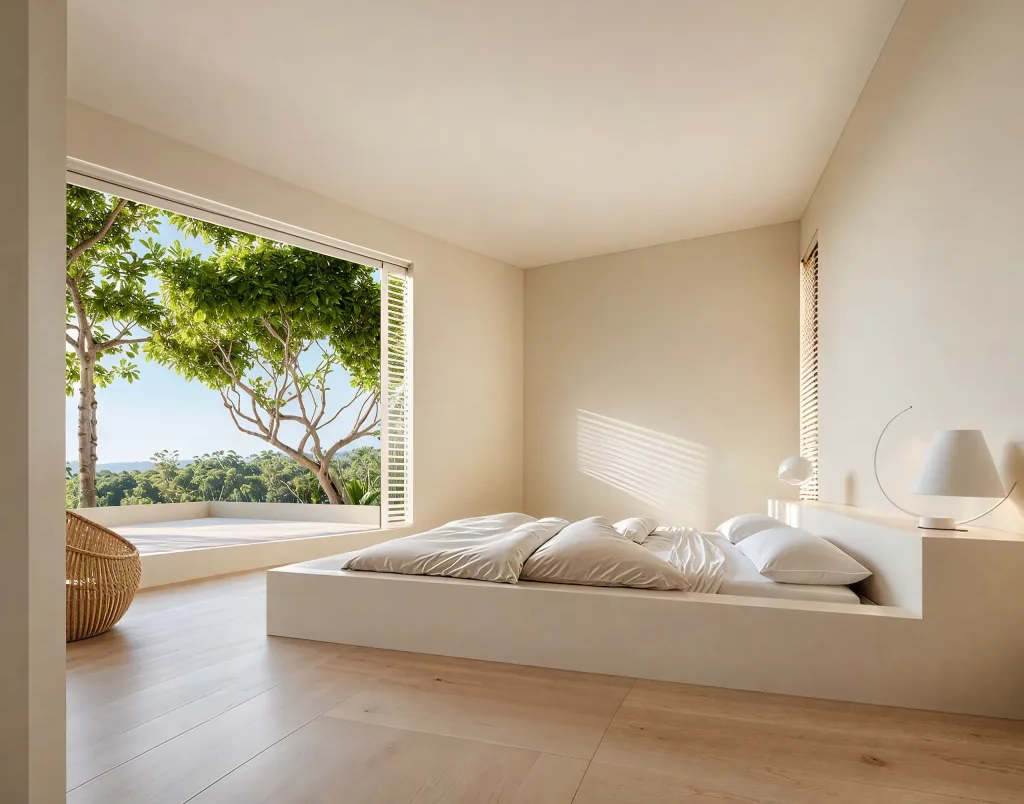 La millor orientació d´una casa al Maresme. Dormitori de la casa Escaletes, a Sant Pol de Mar, amb llit doble i terres de fusta emmarcats per un ampli finestral.