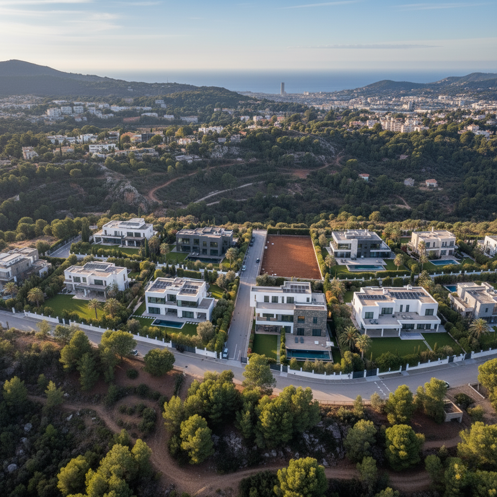 Render aeri d'un solar urbà al Maresme que il·lustra el potencial edificable del terreny segons la superfície i la normativa local.