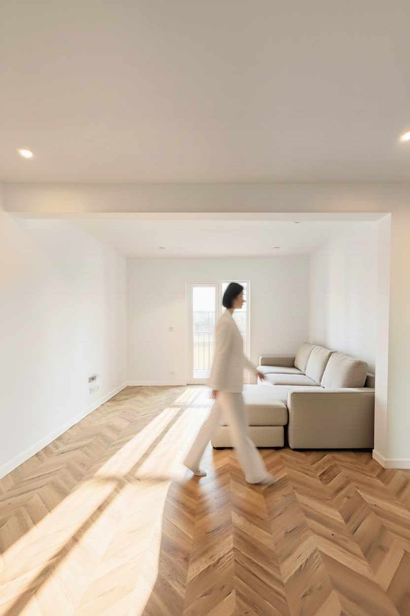 Mujer andando en el centro del salón de Saona, una reforma en Badalona diseñada por Cala Estudi.