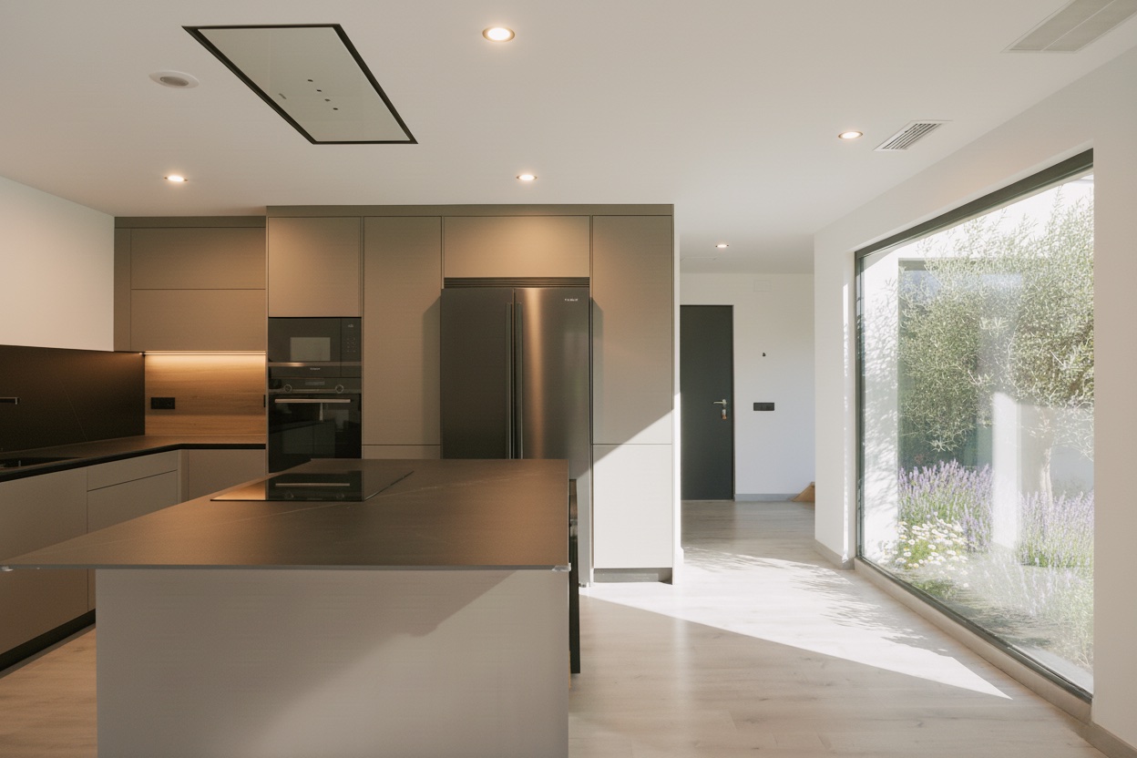 Cuina moderna amb tons foscos i il·luminació càlida a la casa Gonone.